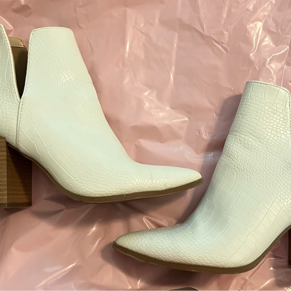 Pink Lily Cream Croc-Embossed Ankle Booties